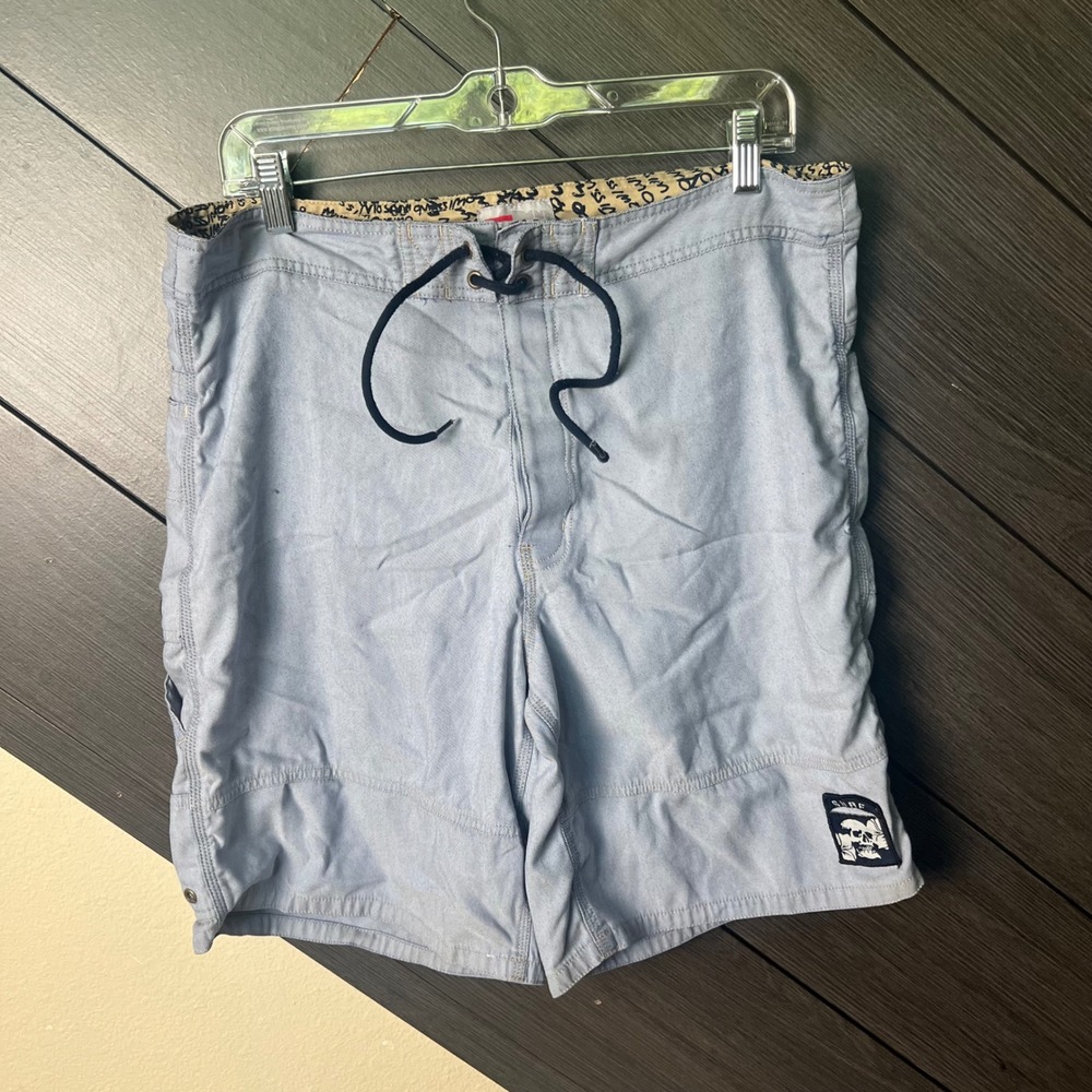 Mossimo Men's Striped Surf Board Shorts Skull Patch Size 36 Blue Y2K Swim Trunks